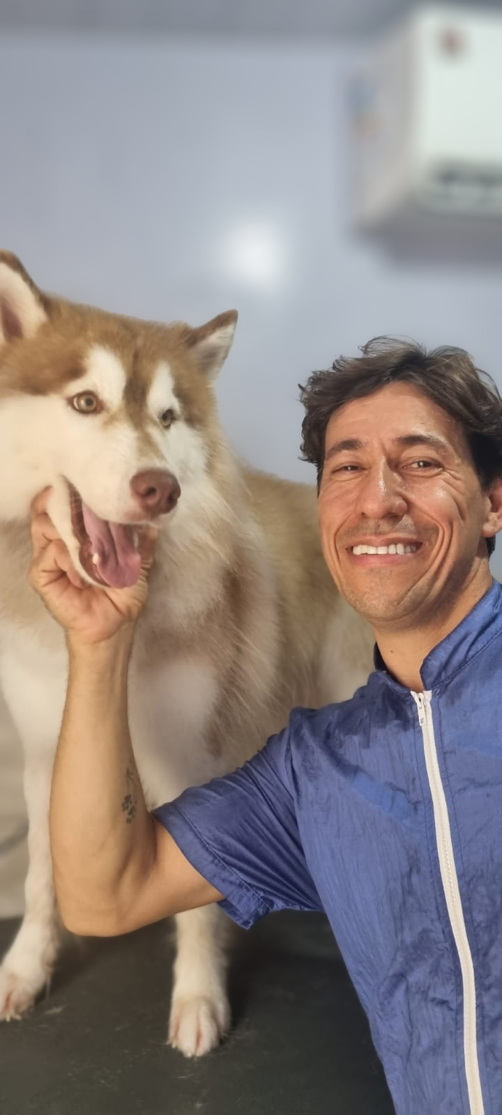 André Castro com cão de grande porte